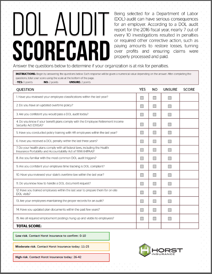 insurance, horst insurance, DOL Audit Scorecard, DOL audit