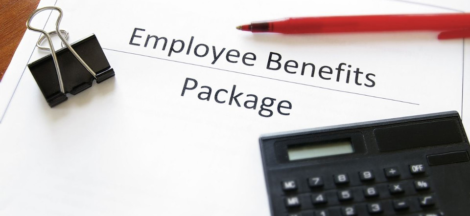 Document that has Employee Benefits Package printed on the front