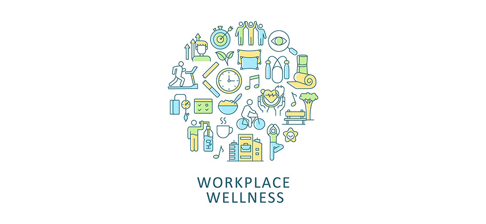 Workplace wellness abstract color concept layout with headline. Corporate policy, employee wellbeing. Health promotion activity creative idea. Isolated vector filled contour icons for web background