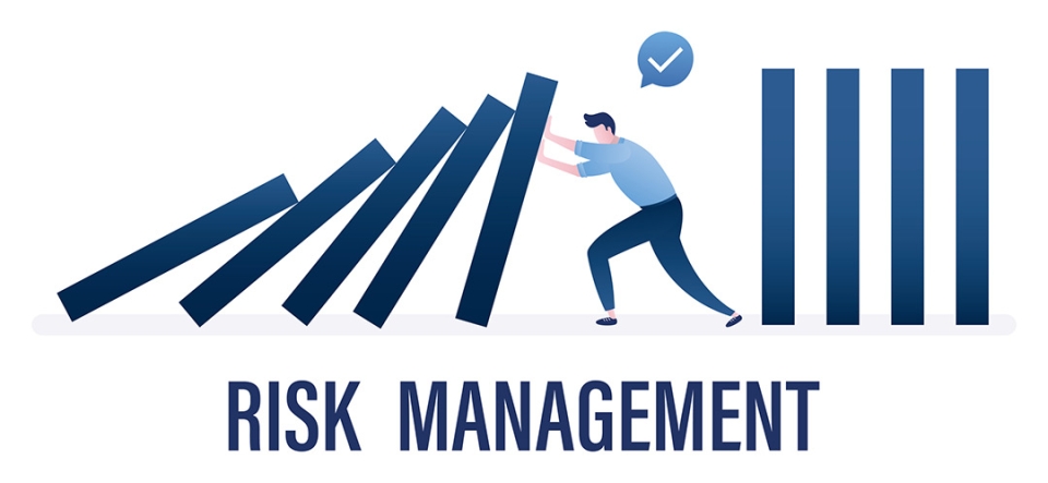 Risk management, horizontal business banner. Business protection, crisis management. Businessman help and support company avoiding dominoes effect in economic crisis. Flat vector illustration