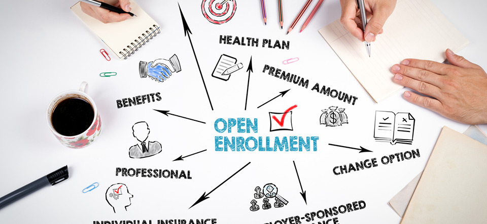 Open Enrollment concept. Chart with keywords and icons. Meeting at the office and conference table