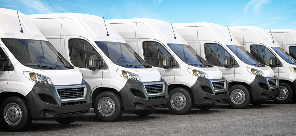 Delivery vans in a row.  Express delivery and shipment service concept. 3d illustration