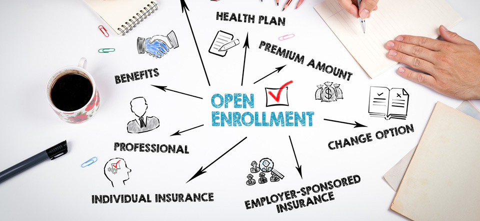 Open Enrollment concept. Chart with keywords and icons. Meeting at the office and conference table