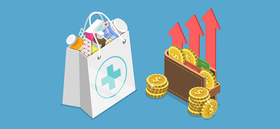 3D Isometric Flat Vector Conceptual Illustration of Rising Health Care Costs, Drugs Price Increase.