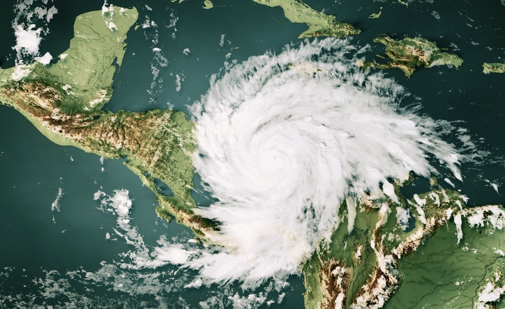 3D Render of a Topographic Map of the Caribbean Sea with the clouds from November 15, 2020. Major Hurricane Iota approaching Nicaragua. All source data is in the public domain. Cloud texture: Global Imagery Browse Services (GIBS) courtesy of NASA, VIIRS data courtesy of NOAA. https://www.earthdata.nasa.gov/eosdis/science-system-description/eosdis-components/gibs Color texture: Made with Natural Earth. http://www.naturalearthdata.com/downloads/10m-raster-data/10m-cross-blend-hypso/ Relief texture: GMTED 2010 data courtesy of USGS. URL of source image: https://topotools.cr.usgs.gov/gmted_viewer/viewer.htm Water texture: SRTM Water Body SWDB: https://dds.cr.usgs.gov/srtm/version2_1/SWBD/
