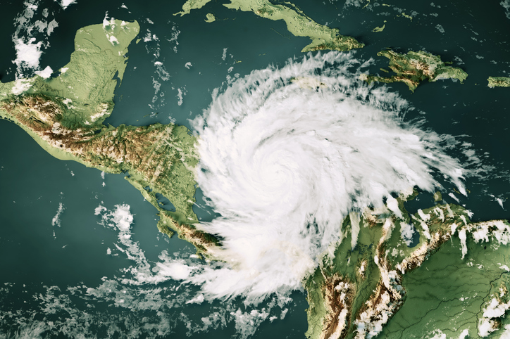 3D Render of a Topographic Map of the Caribbean Sea with the clouds from November 15, 2020. Major Hurricane Iota approaching Nicaragua. All source data is in the public domain. Cloud texture: Global Imagery Browse Services (GIBS) courtesy of NASA, VIIRS data courtesy of NOAA. https://www.earthdata.nasa.gov/eosdis/science-system-description/eosdis-components/gibs Color texture: Made with Natural Earth. http://www.naturalearthdata.com/downloads/10m-raster-data/10m-cross-blend-hypso/ Relief texture: GMTED 2010 data courtesy of USGS. URL of source image: https://topotools.cr.usgs.gov/gmted_viewer/viewer.htm Water texture: SRTM Water Body SWDB: https://dds.cr.usgs.gov/srtm/version2_1/SWBD/