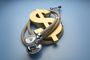 A stethoscope is wrapped around a large gold dollar symbol on a blue background representing the outrageous costs of health care and insurance.