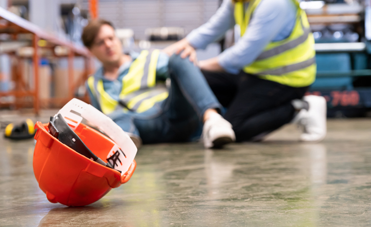 Selective focus at hat, Men worker feel painful and hurt from the accident that happen inside of industrial factory while his co-worker come to give emergency assistance and help. Accident in factory.