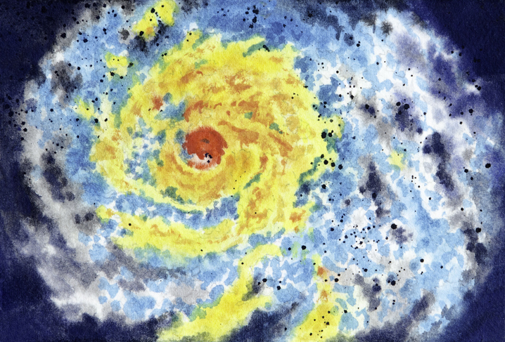 An aerial view of the eye of a violent storm. This image, photographed and created by me, Sandy Sandy, has minimal post processing and shows off the granular imperfections of natural pigments. Interesting color transitions flow and mingle in an soft organic way, like nature itself and only true watercolor paint can. This image was painted with real water, synthetic brushes and tube watercolors on handmade, textured cotton rag paper.
