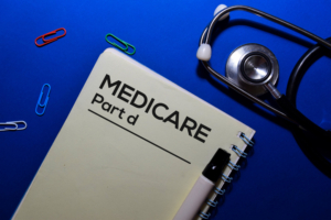 Medicare Part d write on book isolated on wooden table. Medical or Finance concept