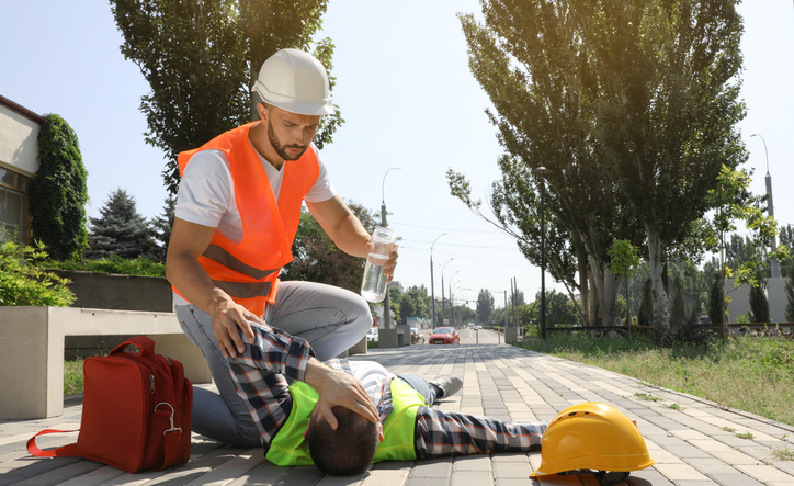 Worker with bottle of water helping colleague on city street. Suffering from heat stroke